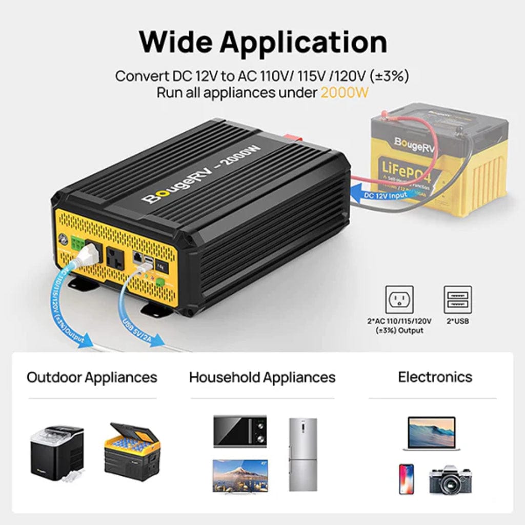 ISE163 BougeRV 2000W 12V Pure Sine Wave Inverter with Bluetooth | Solar Inverter | RV Inverter