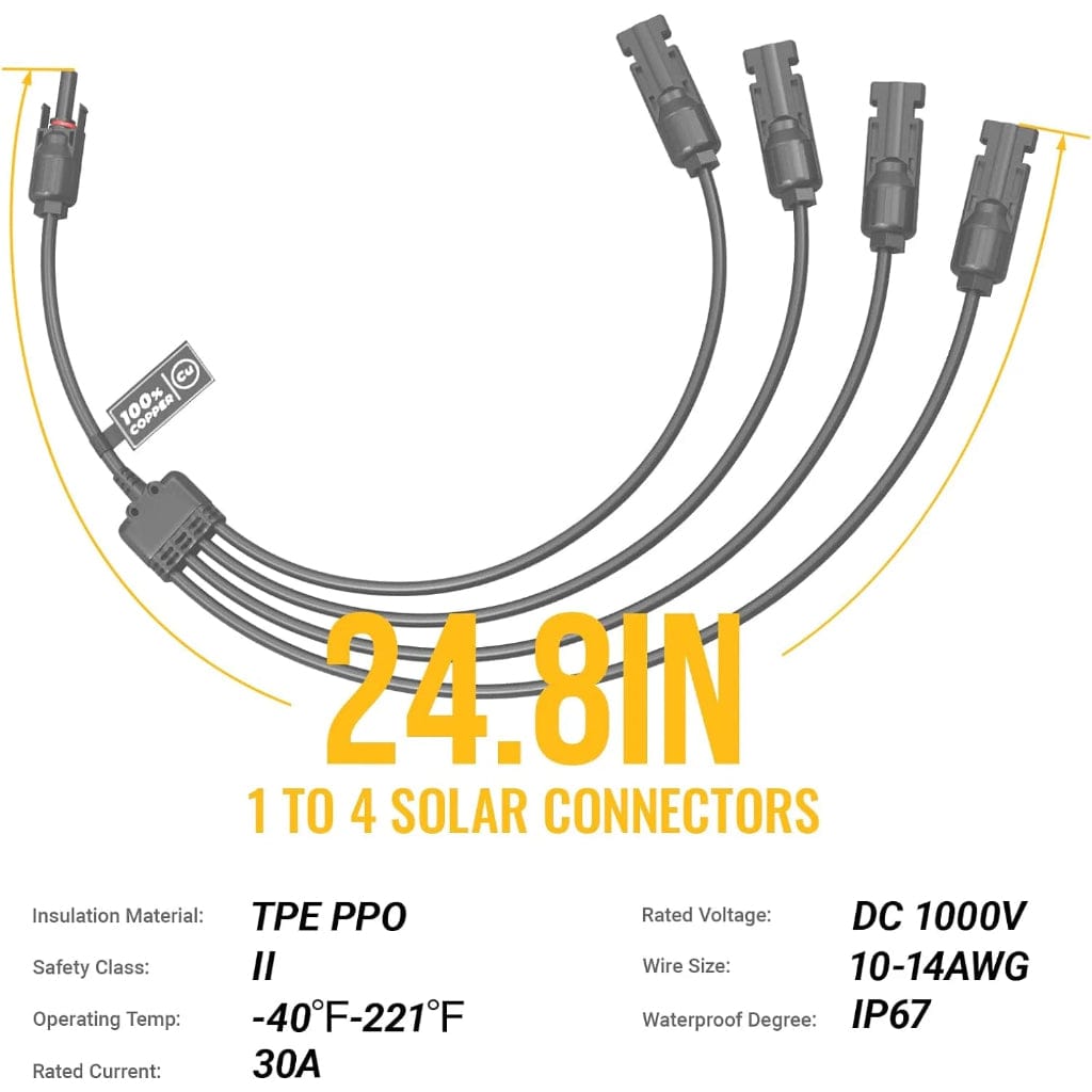 ISE030 BougeRV Y Branch Parallel Connectors Extra Long 1 to 4 Solar Cable | IP67 Rated | MC4 Connectors