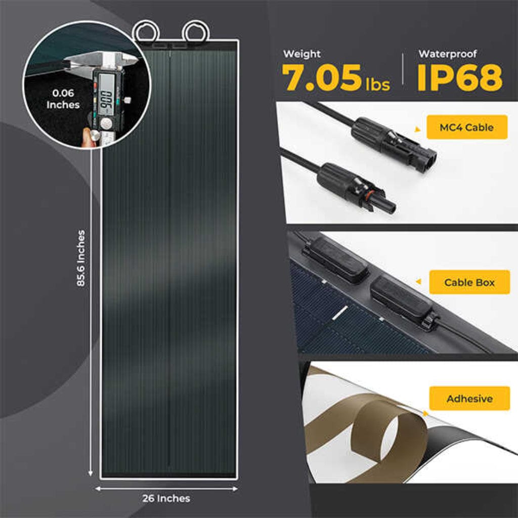 BougeRV Yuma 200W CIGS Thin-Film Flexible Solar Panel with Tape / Pre-Punched Holes | IP68 Rated | Lightweight | Off Grid Solar Panel