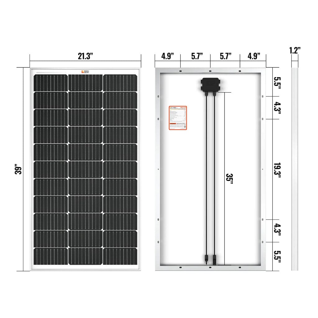 RS-M100 Rich Solar Mega 100 Watt Monocrystalline Solar Panel | IP65 & IP67 Rated | ETL Certified | Off Grid Solar Panel