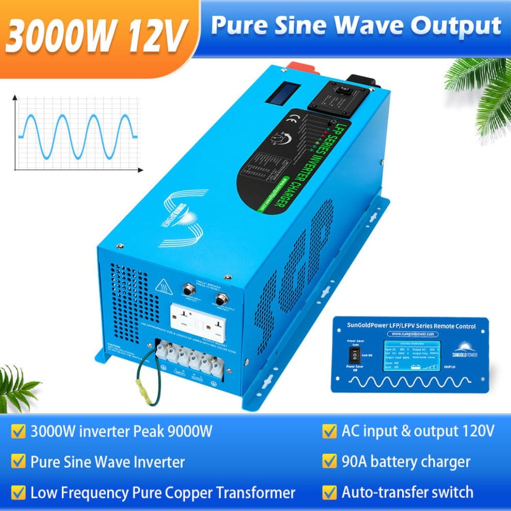 LFP3K12V120VSG SunGoldPower 3000W DC 12V Pure Sine Wave Inverter with Charger | Low Frequency Inverter | Home Backup Inverter