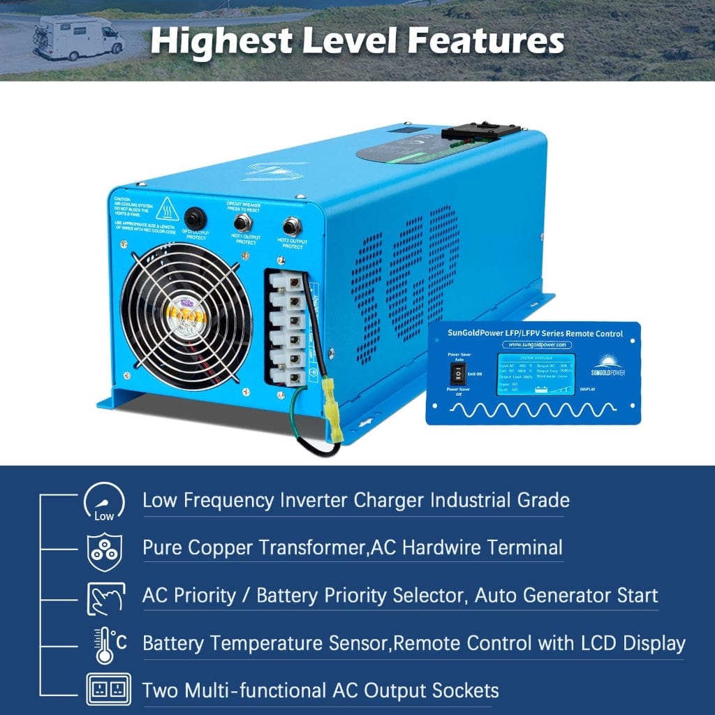 LFP6K48V230VSP SunGoldPower 6000W DC 48V Split Phase Inverter with Charger | Pure Sine Wave | Low Frequency | UL1741 Standard