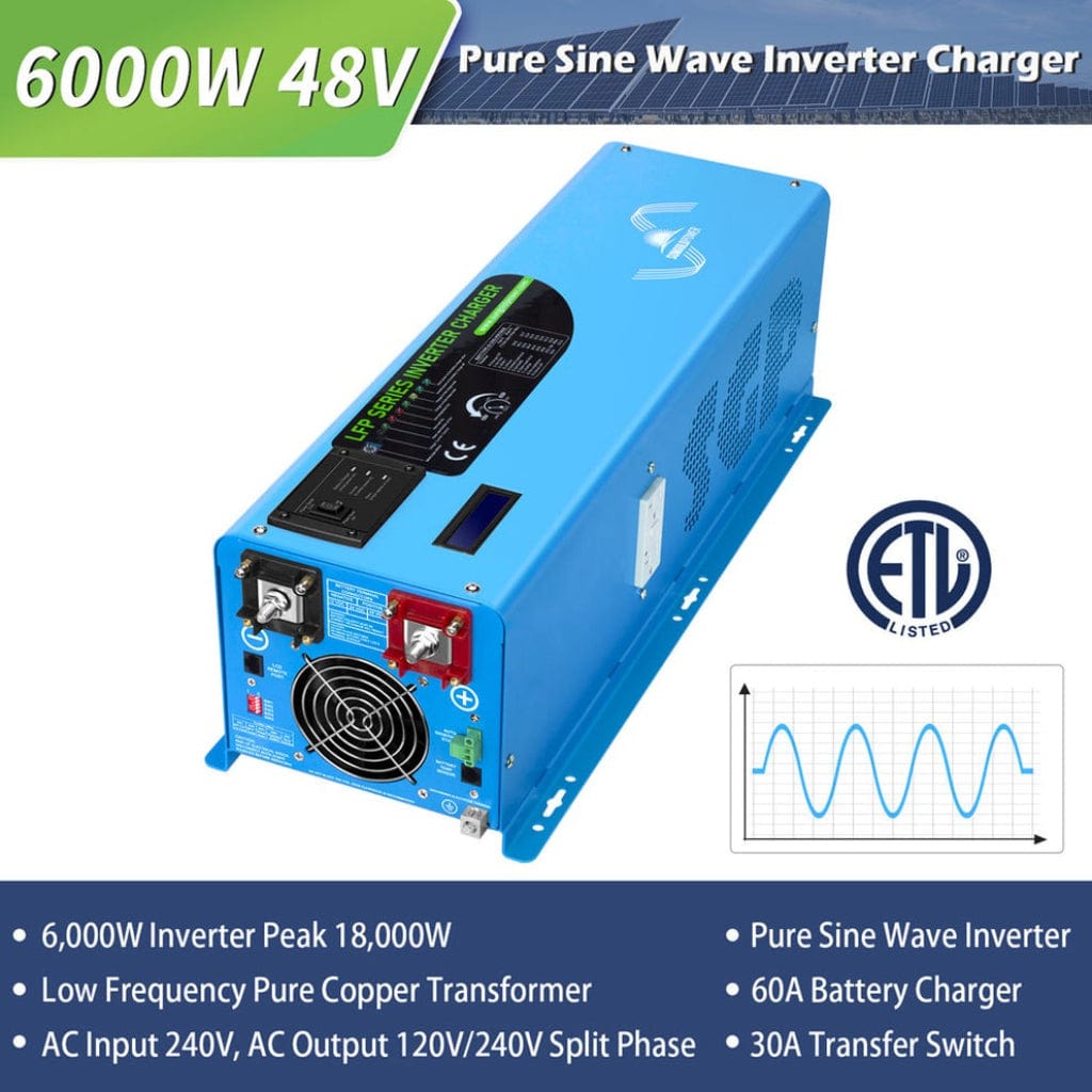 LFP6K48V230VSP SunGoldPower 6000W DC 48V Split Phase Inverter with Charger | Pure Sine Wave | Low Frequency | UL1741 Standard